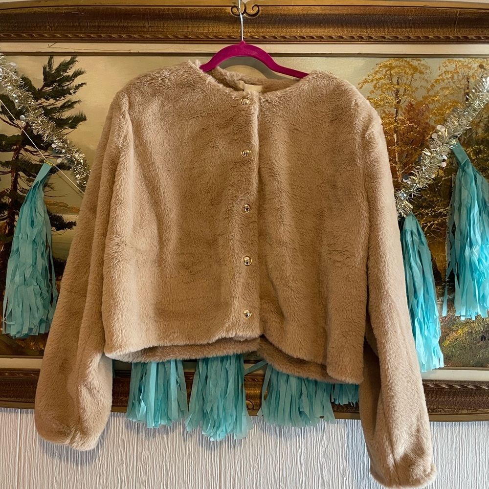 H&M Tan Faux Fur Button-Up Jacket with Gold Buttons. Size XXL.